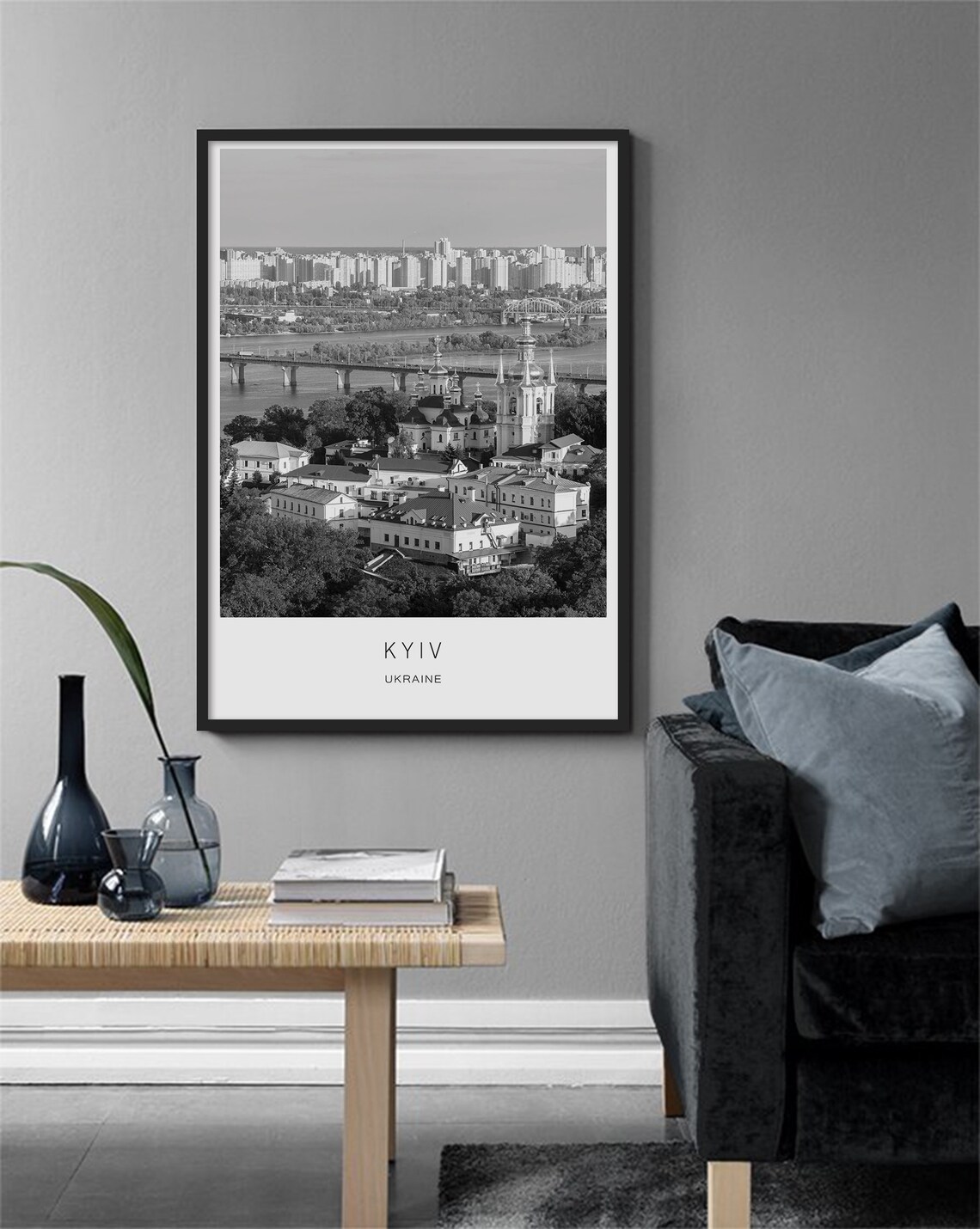 Kyiv Ukraine Historic Churches Dnipro River Black White City Poster - Image 3