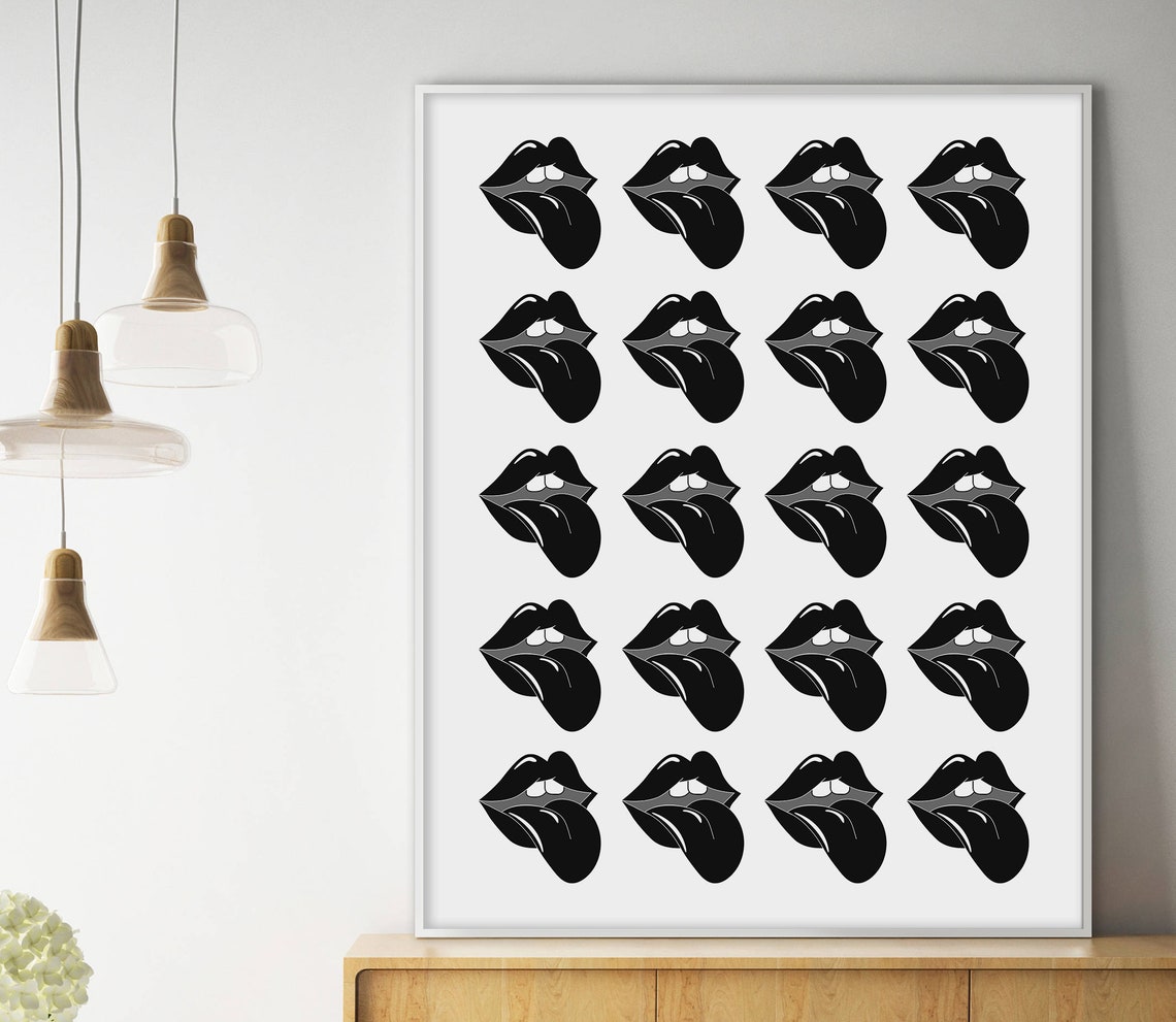 Black and White Rolling Lips Tongue Grid Pop Art Fashion Poster