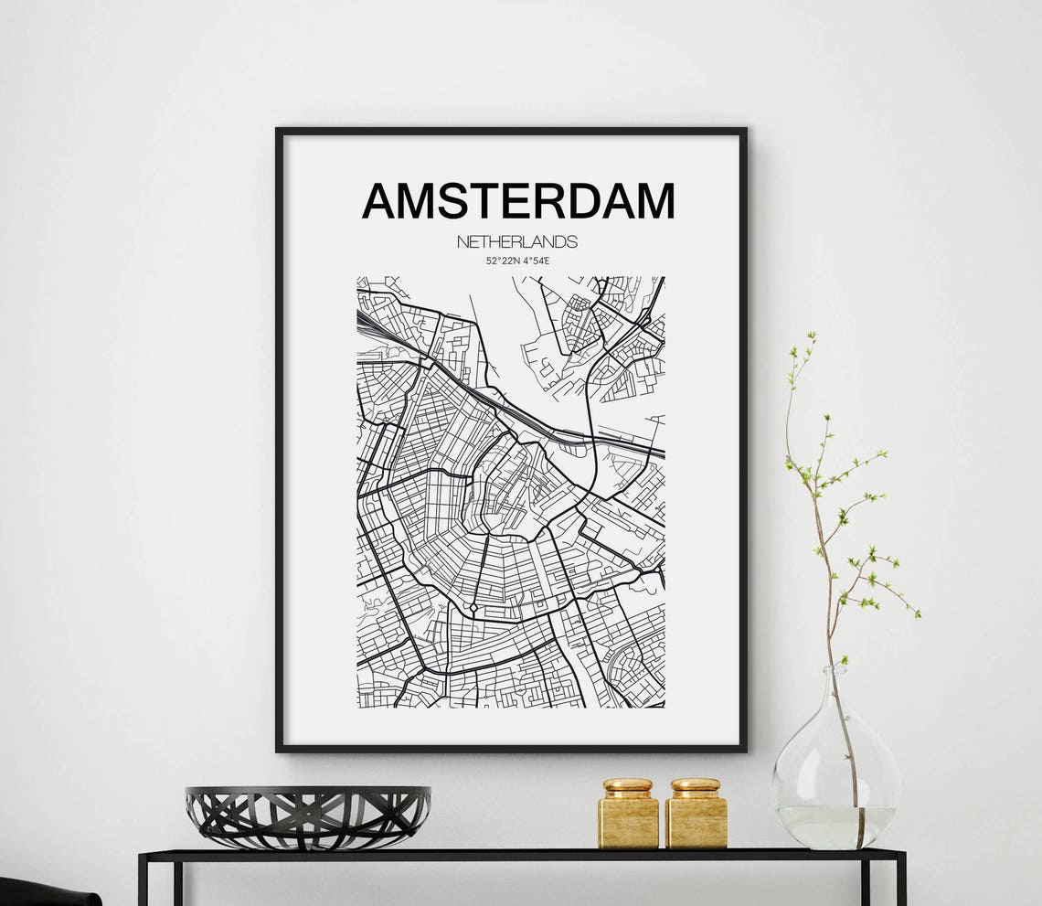 Amsterdam Netherlands Canal Streets Map Minimalist Black White Poster