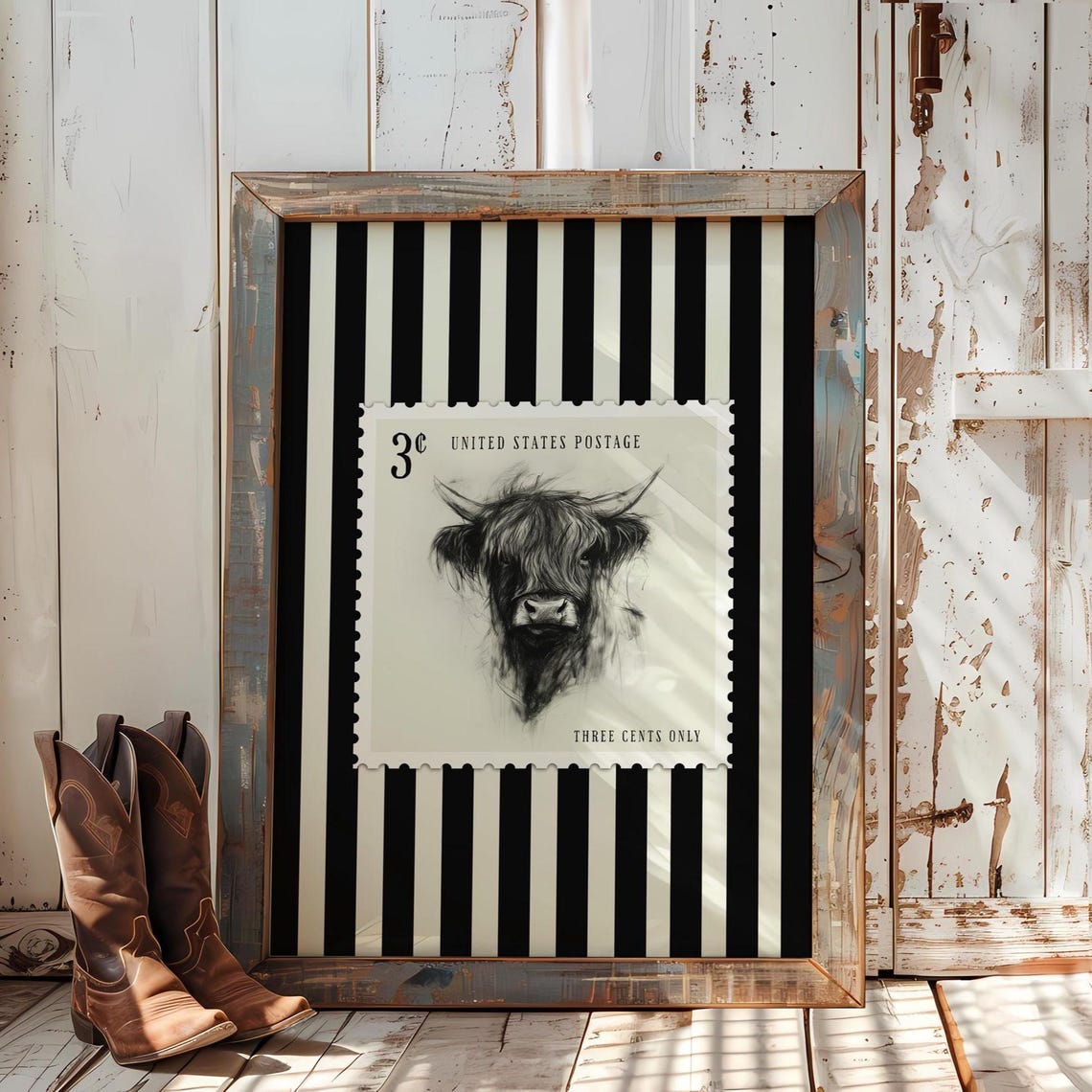 Highland Cow Postage Stamp Black and White Striped Western Poster