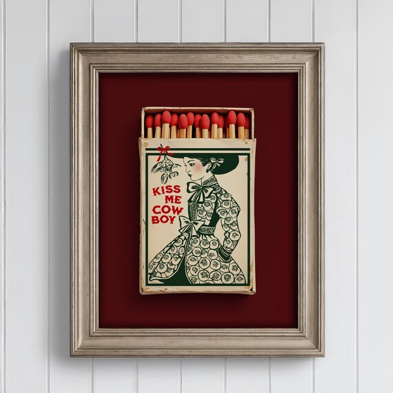 Kiss Me Cowboy Matchbox Vintage Western Cowgirl Christmas Wall Poster