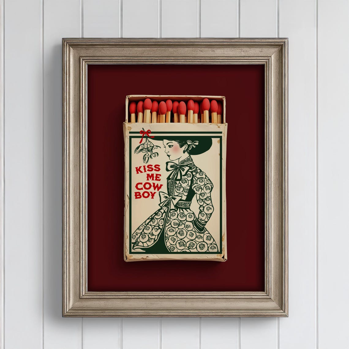 Kiss Me Cowboy Burgundy Christmas Decoration Cowgirl Matchbook Print Apres Ski Western Xmas Poster Dark Red Country Club Holiday Decor