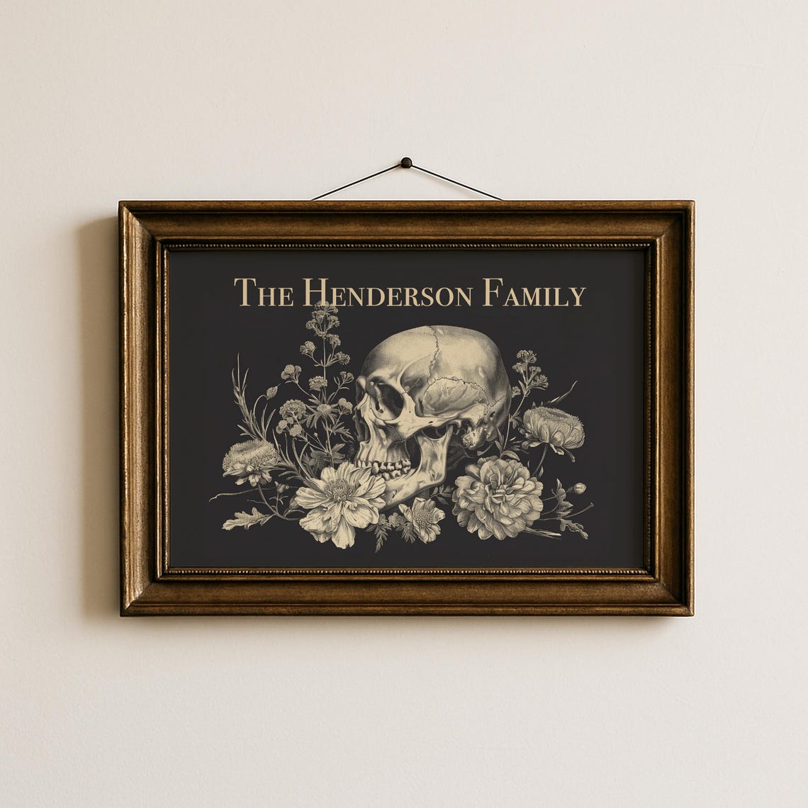 Custom Family Name Print Halloween Decoration Dark Academia Personalized Skull Floral Wall Art Neutral Fall Decor Southwestern Gothic