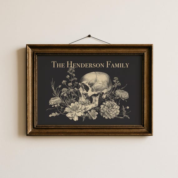 Custom Family Name Print Halloween Decoration Dark Academia Personalized Skull Floral Wall Art Neutral Fall Decor Southwestern Gothic