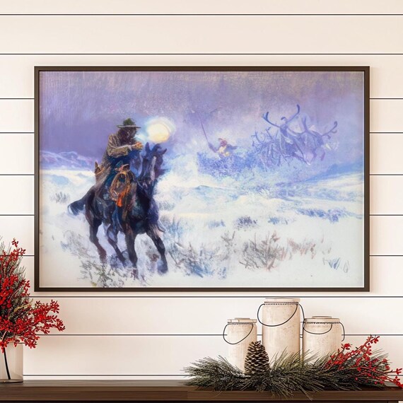 Cowboy Santa on Horseback Snowy Night Western Holiday Poster