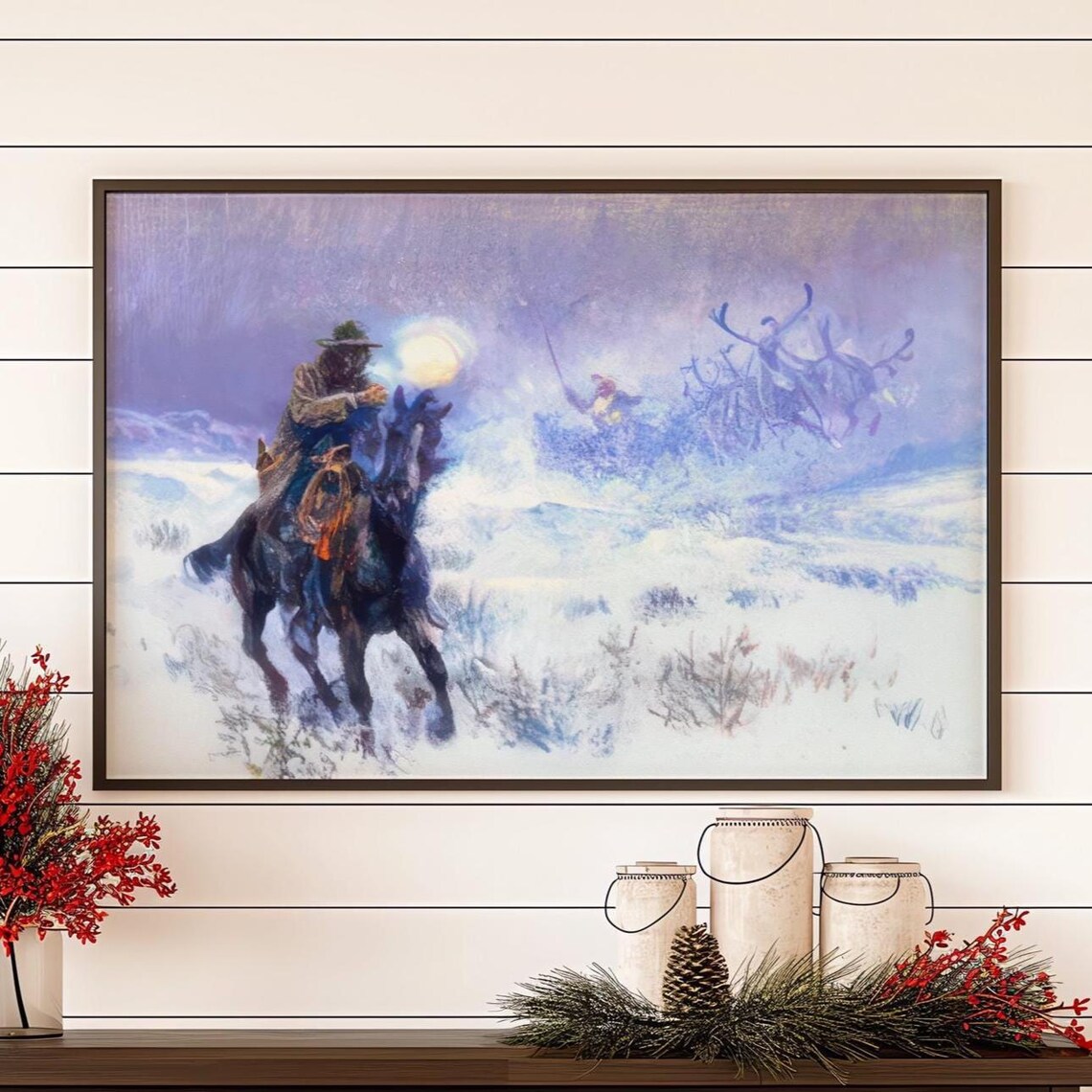 Cowboy Santa on Horseback Snowy Night Western Holiday Poster