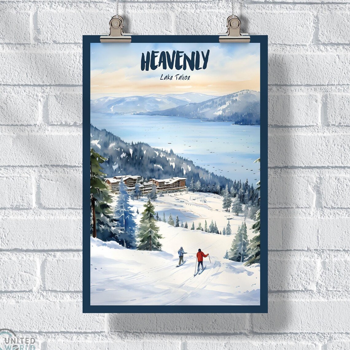 Heavenly Lake Tahoe Ski Village Watercolor Winter Scene Travel Poster