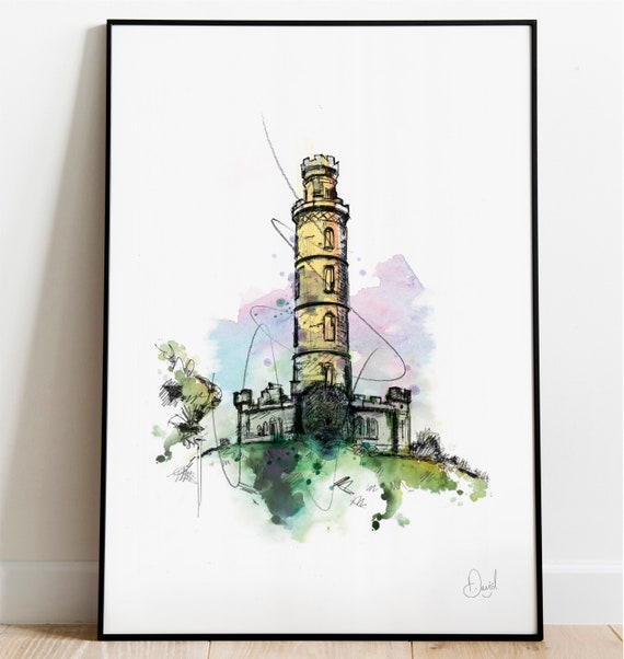 Edinburgh Art Print Nelson Monument Illustration Drawing Watercolour Scotland