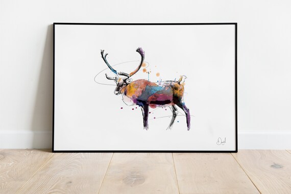Vibrant Watercolor Stag with Antlers Deer Wildlife Art Poster