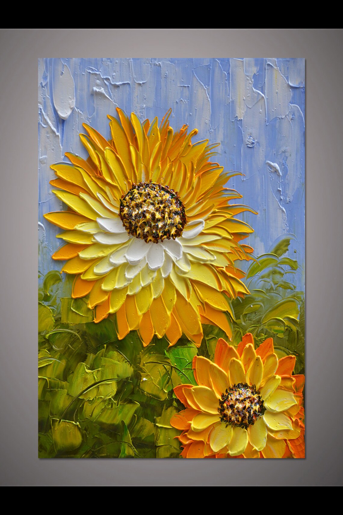 Yellow Sunflower Impasto Oil Painting On Blue Sky Background Poster - Image 2