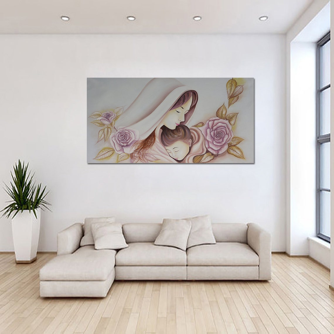 Hand Painted Large Abstract Portrait Wall Art Babymom Painting Purple Flower Oil Painting On Art For Bedroom Pastel Decor Wall Art - Image 4