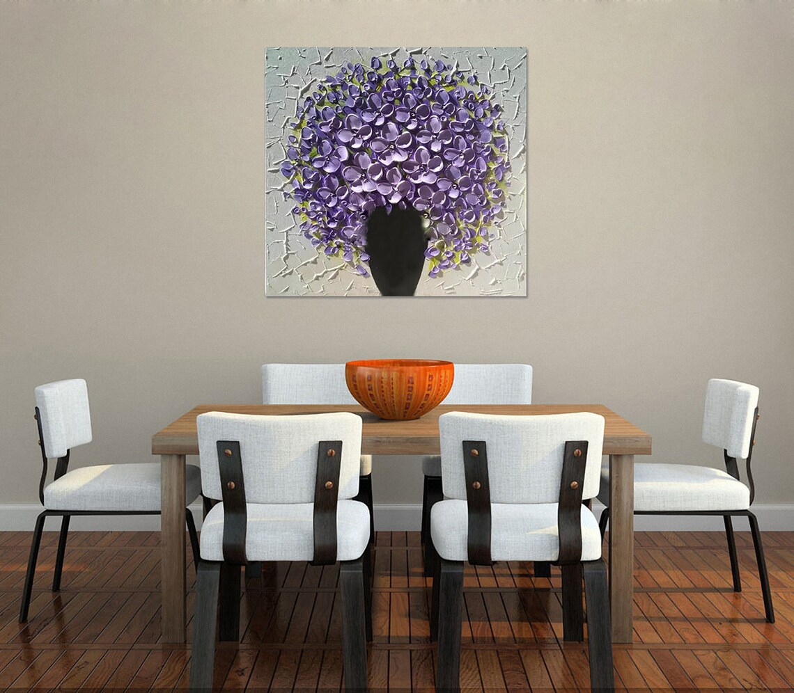 Lavender Purple Flower Bouquet In Black Vase Textured Oil Poster - Image 3