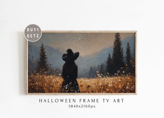 Witch In Autumn Meadow Frame Tv Art Spooky Halloween Enchanted Witchy Landscape Samsung