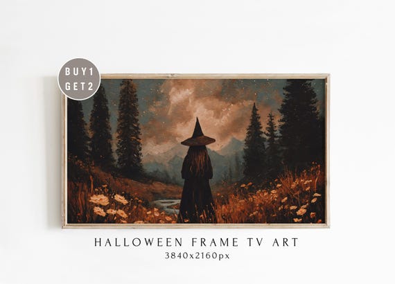 Halloween Frame Tv Art Witch Under Moonlight In Autumn Forest Artwork Spooky Cozy Seasonal Samsung Decor