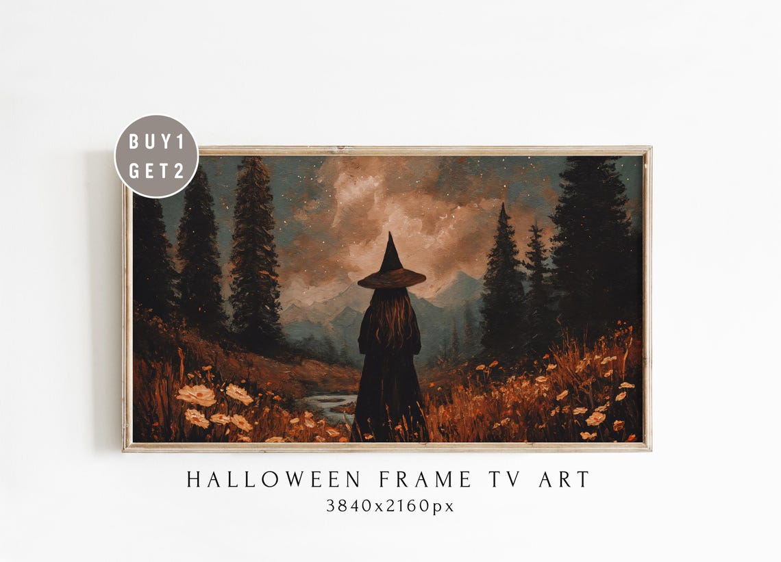 Lonely Witch Under Autumn Moonlight Spooky Forest Frame TV Poster