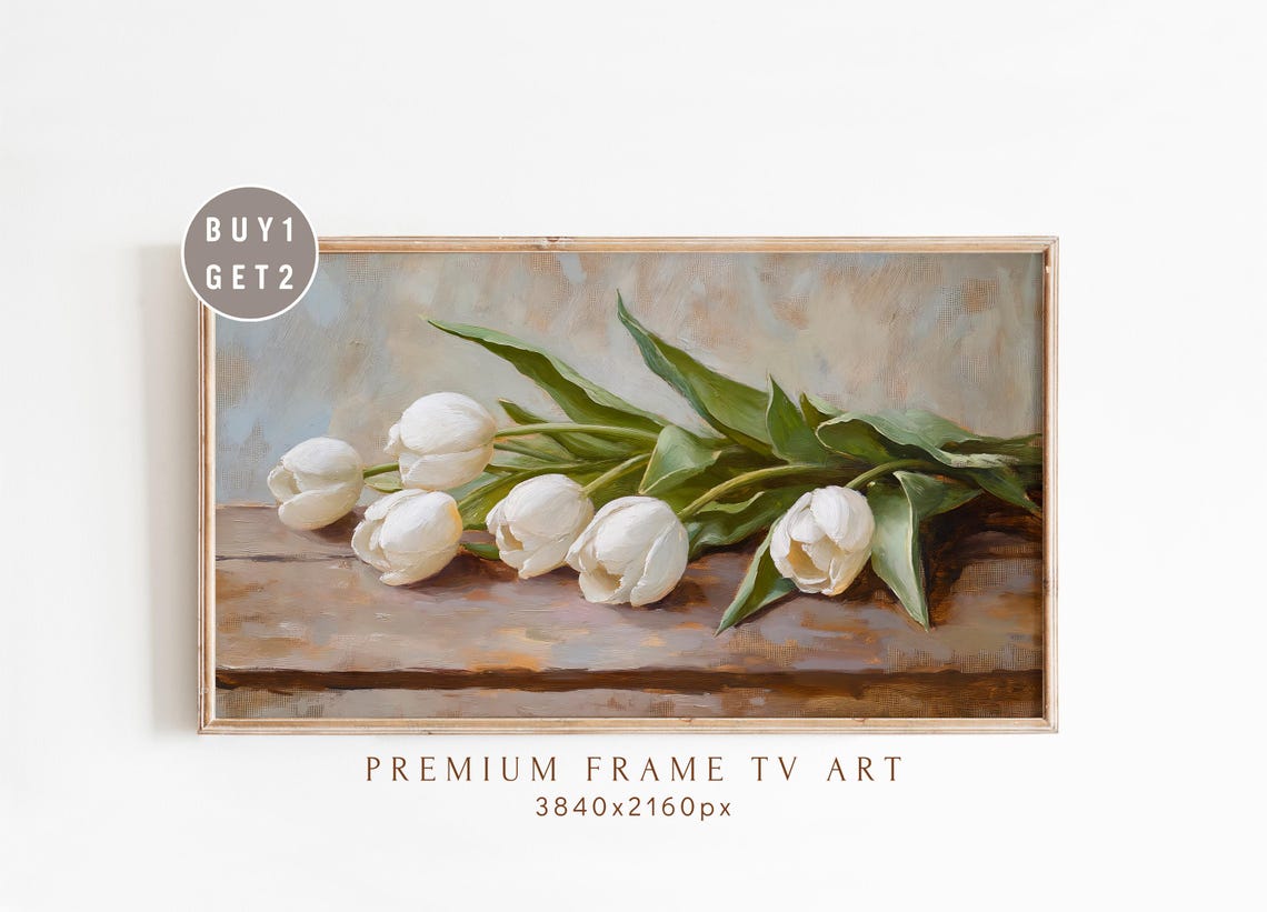 Vintage Tulip Frame Tv Art White Floral Still Life Rustic Botanical Samsung Classic Decor
