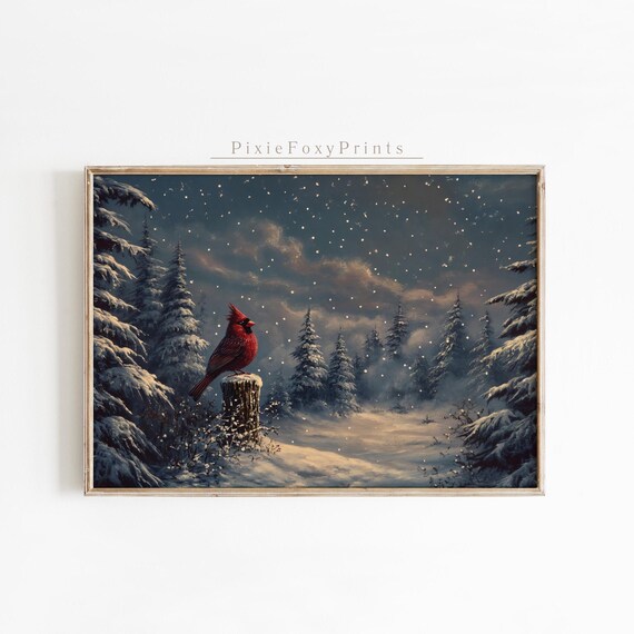 Red Cardinal Perched on Snowy Branch Winter Night Forest Art Print