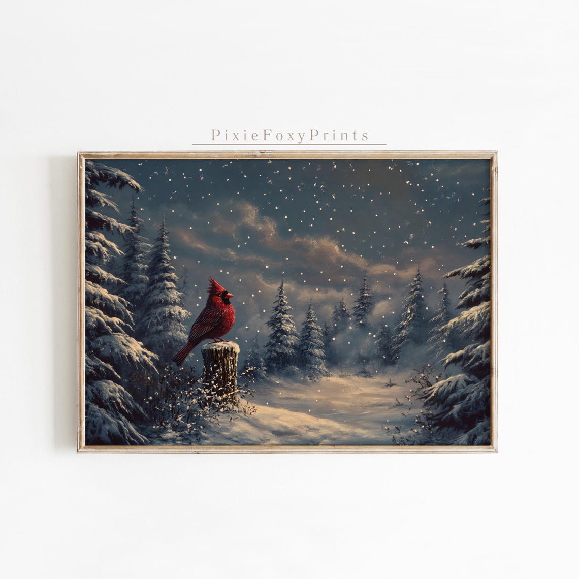 Red Cardinal Perched on Snowy Branch Winter Night Forest Art Print