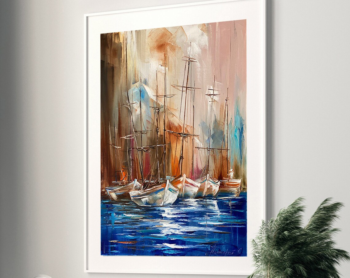 Sail Boat Painting Painting On Harbor Painting Original Sail Boat Wall Art Custom Boat Oil Painting Framed Sailboat Art - Image 3