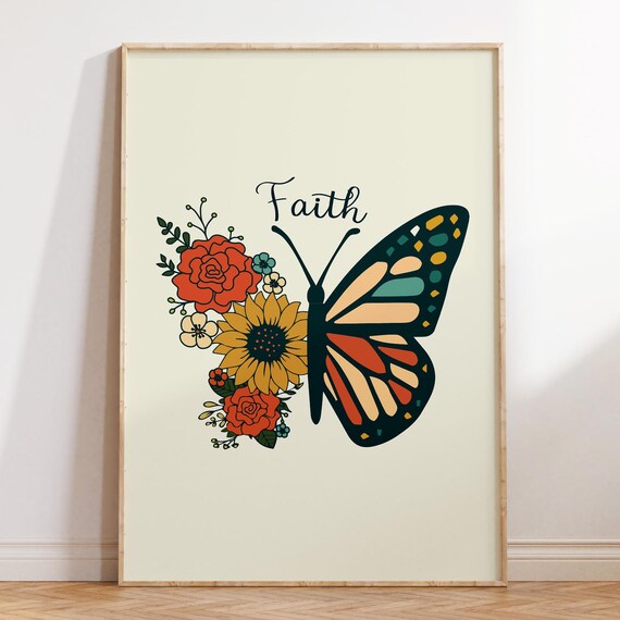 Faith Script Half Butterfly Half Flower Retro Boho Art Poster