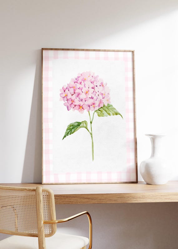 Pink Hydrangea Watercolor Print, Vintage English Garden