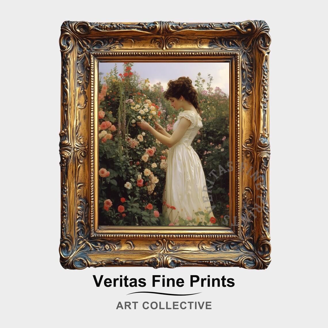 Victorian Lady in Rose Garden, Vintage Floral Art Print