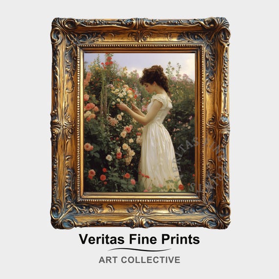 Victorian Lady in Rose Garden, Vintage Floral Art Print