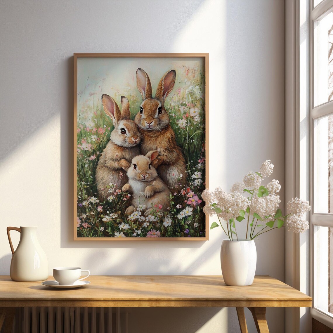 Cute Bunny Family Flower Meadow Daisies Rabbit Oil Painting Wall Poster - Image 3