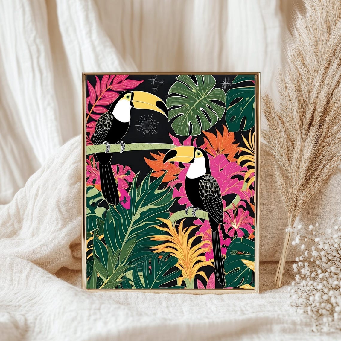 Two Toucans Among Tropical Leaves Bold Botanical Jungle Poster - Image 4