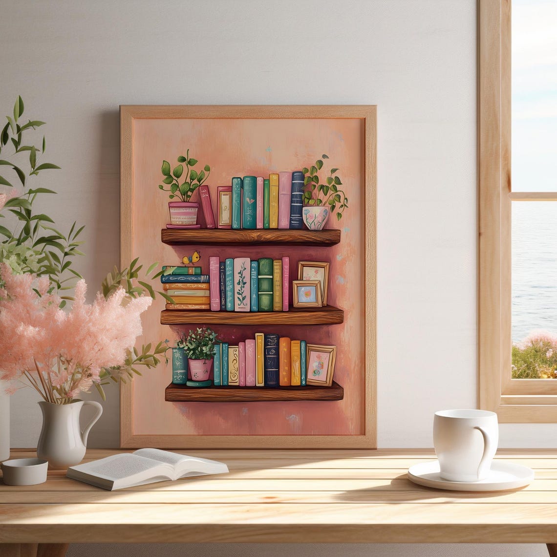 Pastel Pink Bookshelf Cozy Reading Nook Book Lover Wall Poster - Image 2
