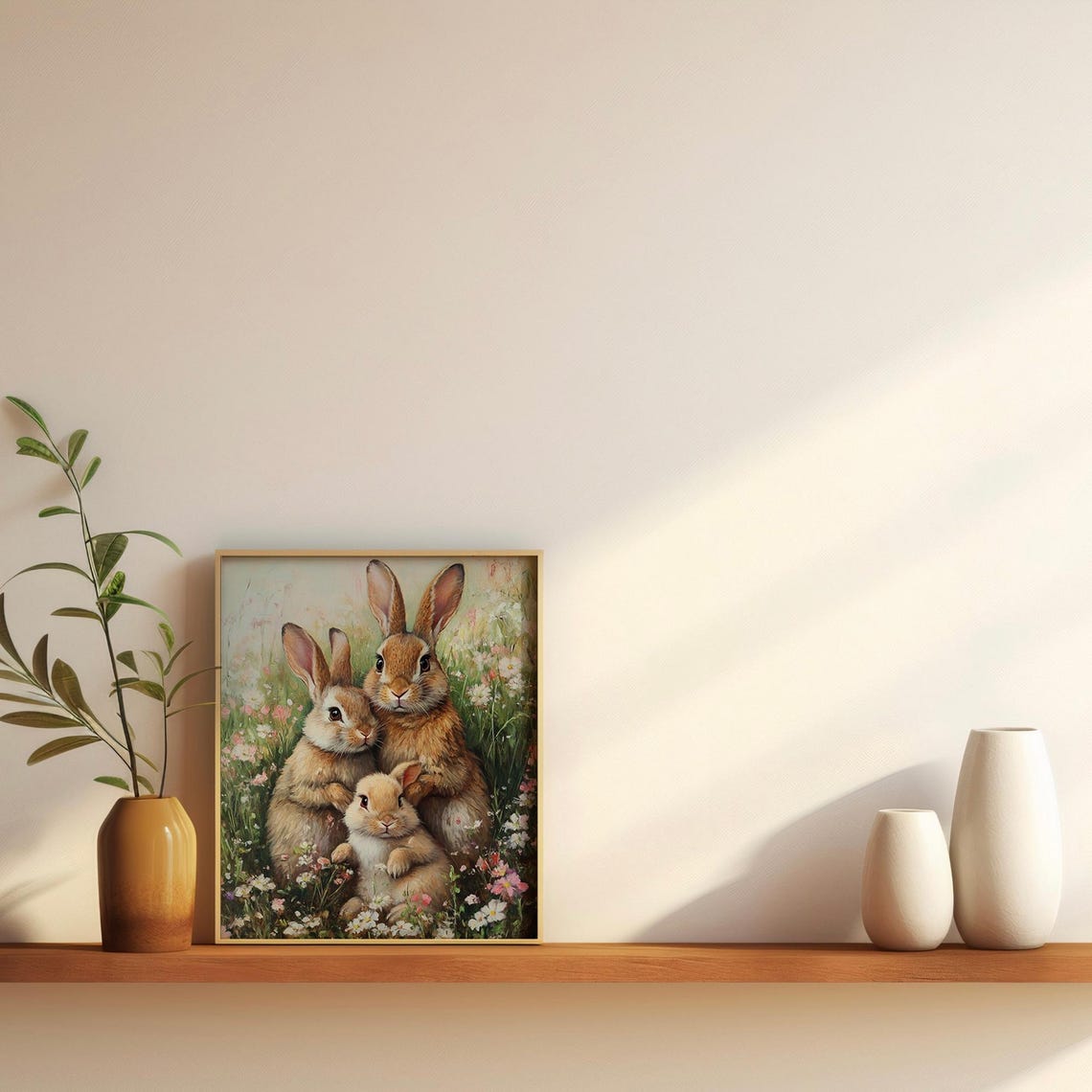 Bunny Family Print Farmhouse Rabbit Art Antique Bunny Oil Painting Mom Dad Baby Art Vintage Hare Happy Easter Poster Light Academia Decor - Image 2