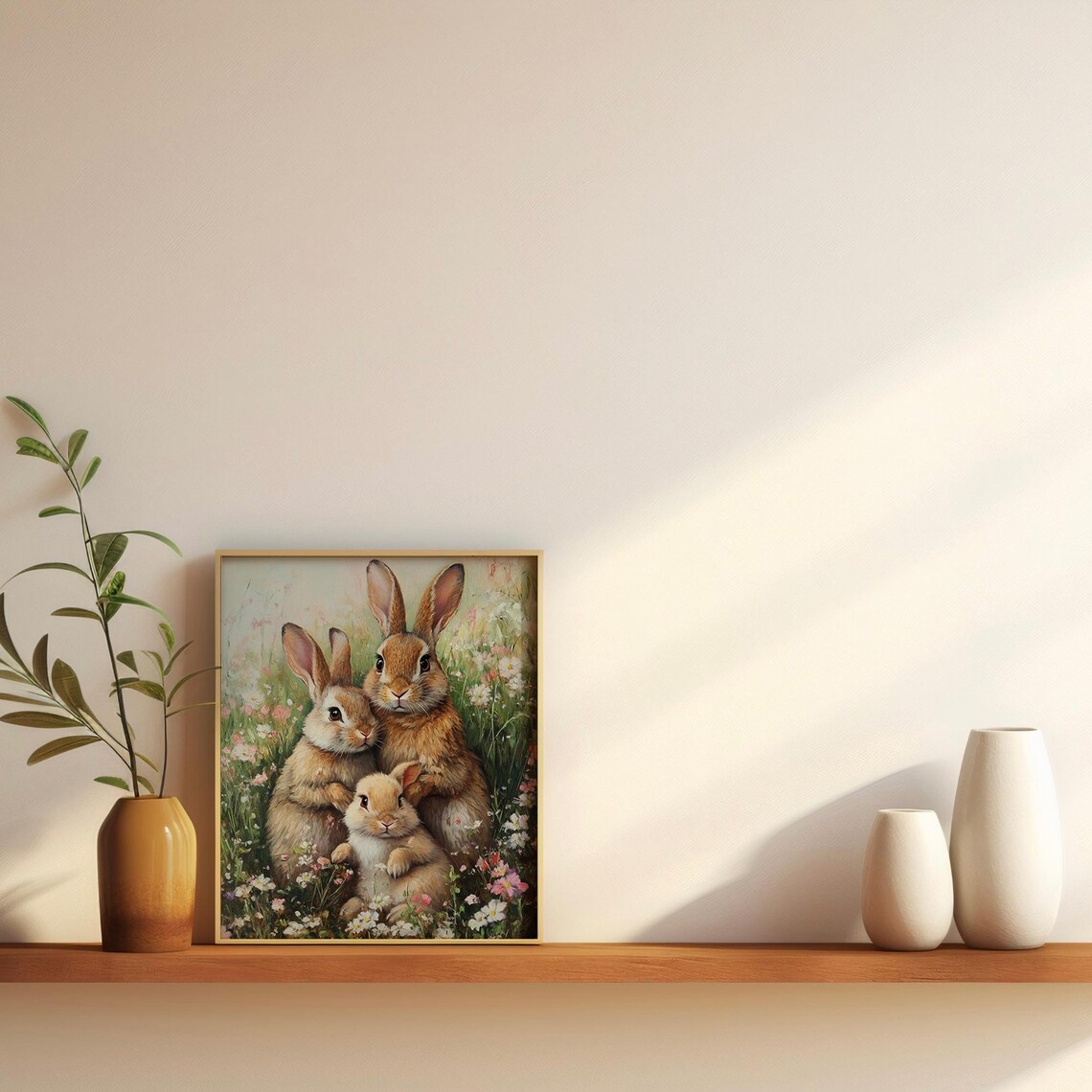 Cute Bunny Family Flower Meadow Daisies Rabbit Oil Painting Wall Poster - Image 2