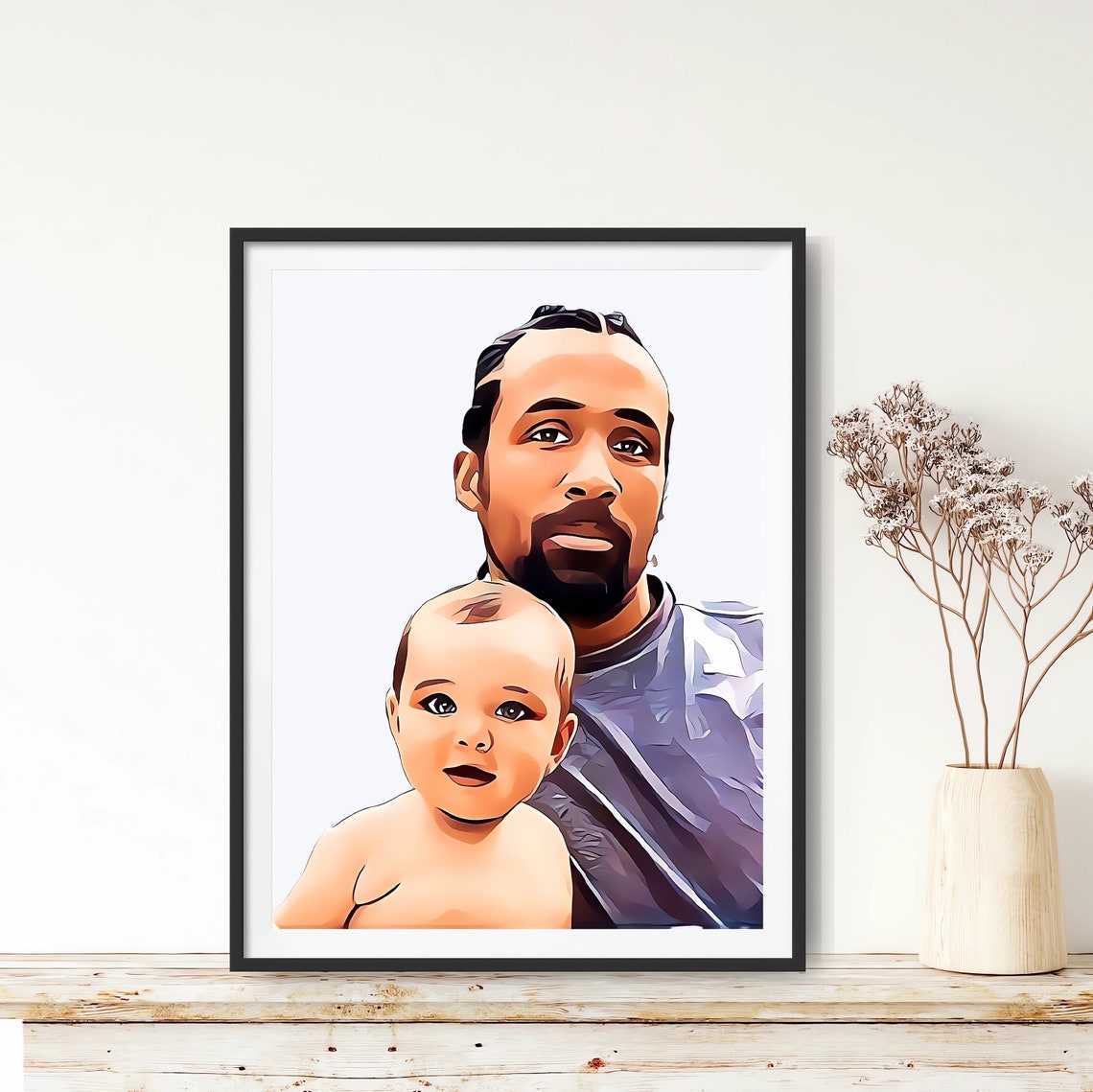 Joyful Dad And Son Cartoon Portrait Custom Illustration Poster - Image 3