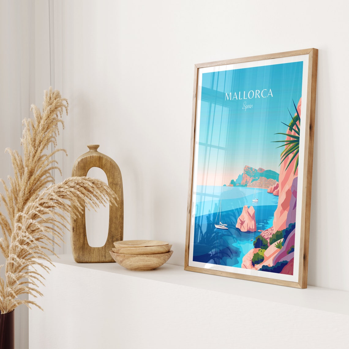 Mallorca Spain Rocky Cliffs Sailboats Headland Travel Poster - Image 2