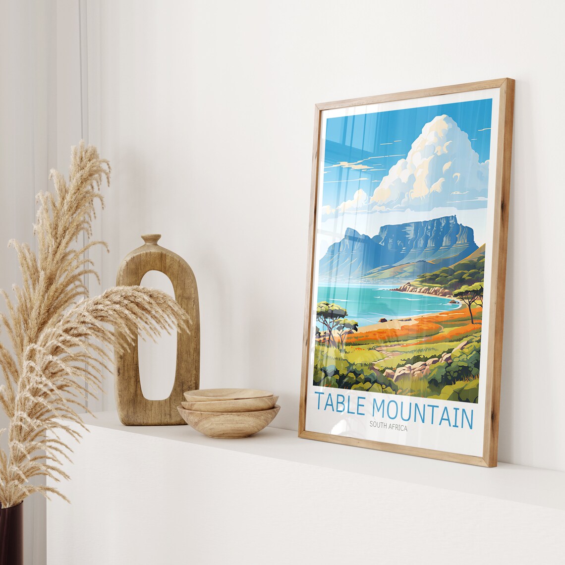 Table Mountain South Africa Coastal Bay Green Hills Travel Poster - Image 2