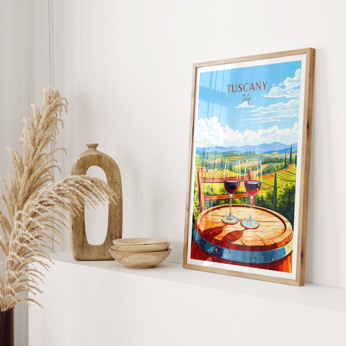 Tuscany Italy Travel Poster Wine Glasses Vineyard Hills Sunset Art - Image 2