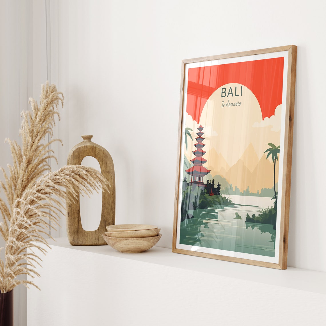Bali Indonesia Poster Temple Pagoda Sunset Over Water Travel Art - Image 2