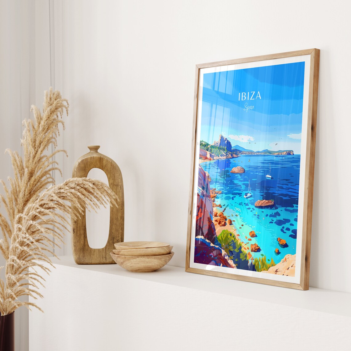 Ibiza Spain Turquoise Cove Sailboats Rocky Cliffs Travel Poster - Image 2