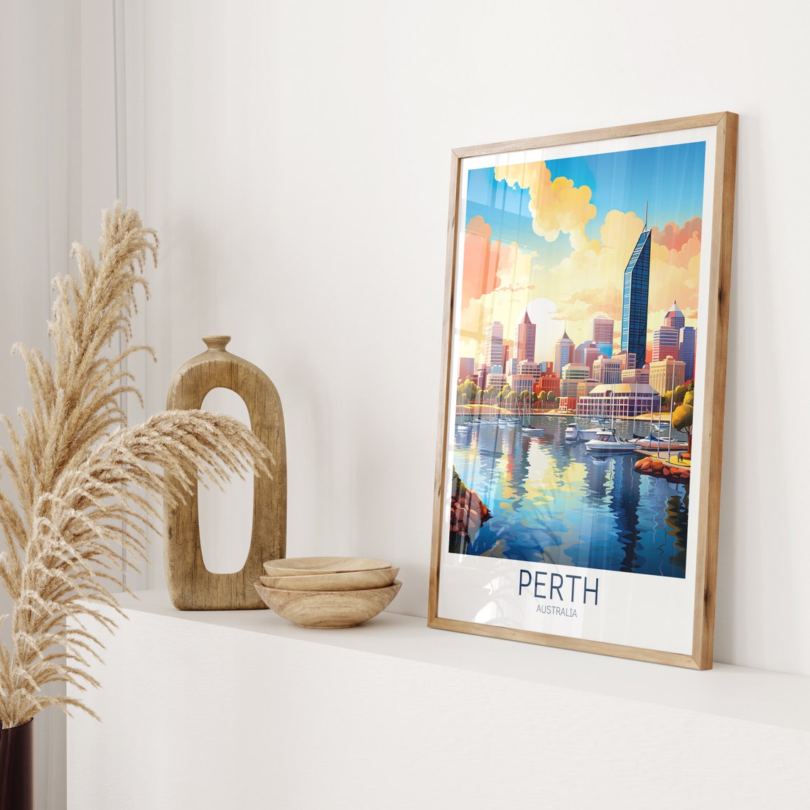 Perth Australia Skyline Swan River Sunset Boats Travel Poster - Image 2