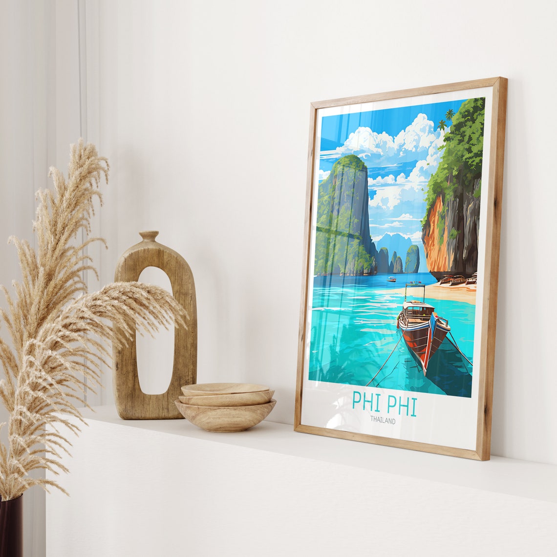 Phi Phi Thailand Karst Cliffs Longtail Boat Bay Travel Poster - Image 2