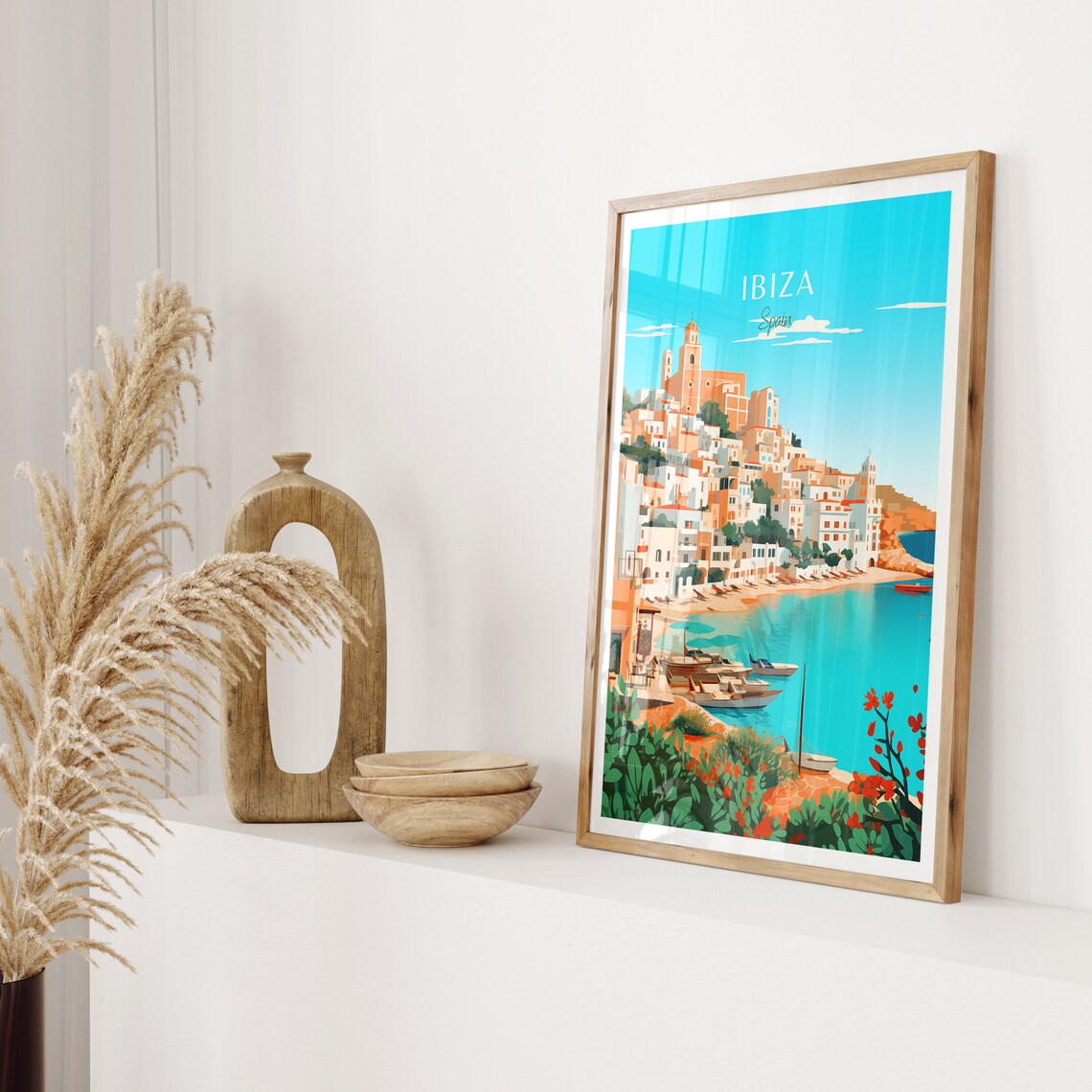 Ibiza Spain Hilltop Old Town Church Bay Boats Mediterranean Poster - Image 2
