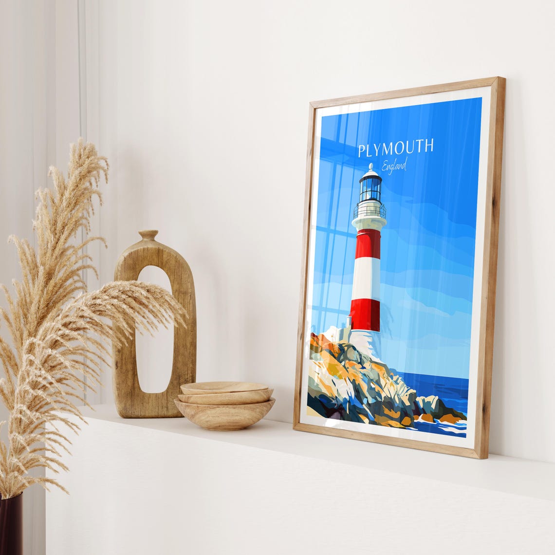 Plymouth England Red and White Striped Lighthouse Coastal Poster - Image 2