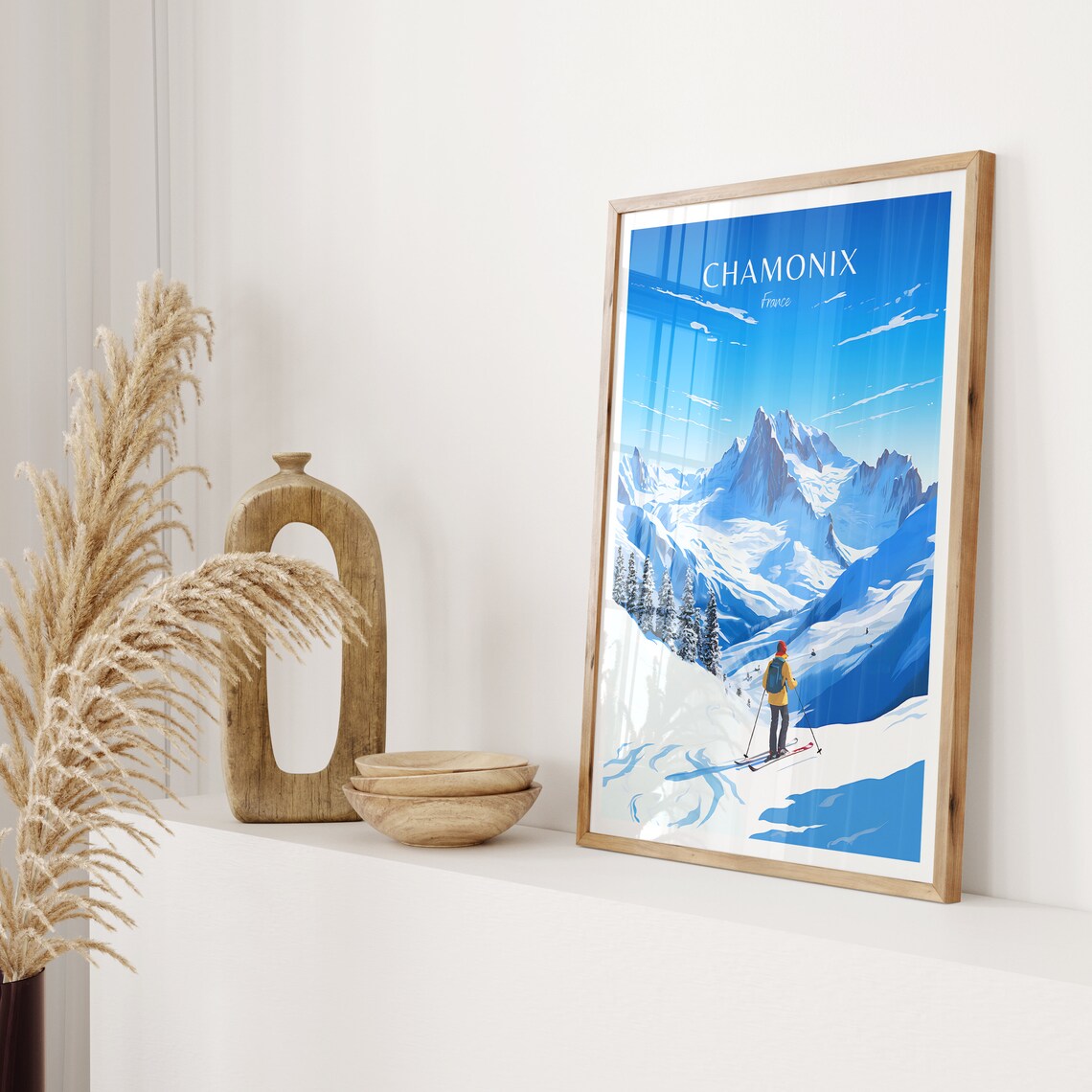 Chamonix France Skier Snowy Alpine Peaks Glacier Valley Poster - Image 2