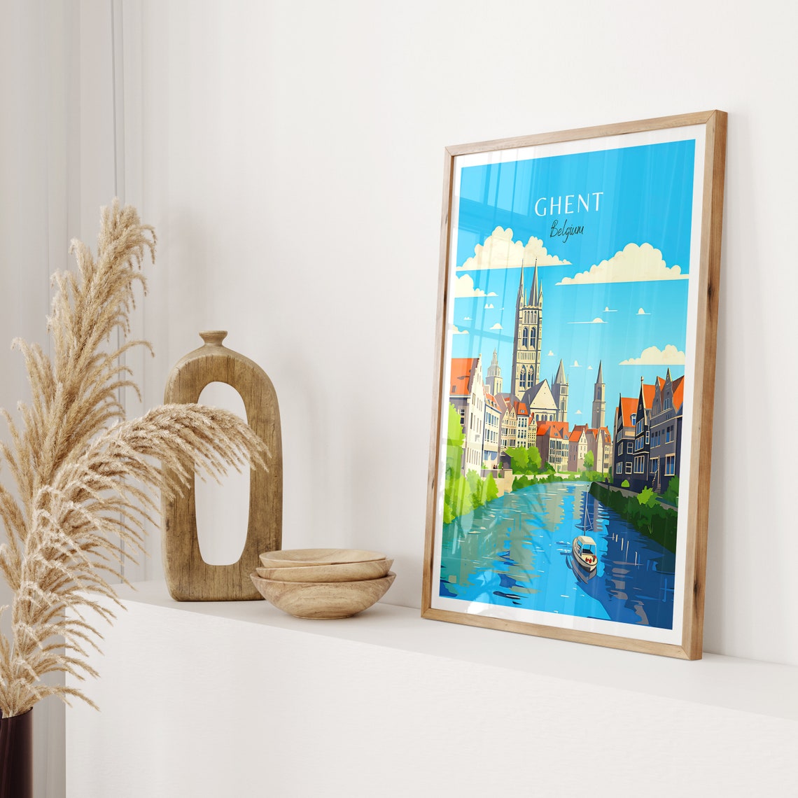 Ghent Belgium Travel Poster Canal Tower Historic Town River Boat Art - Image 2
