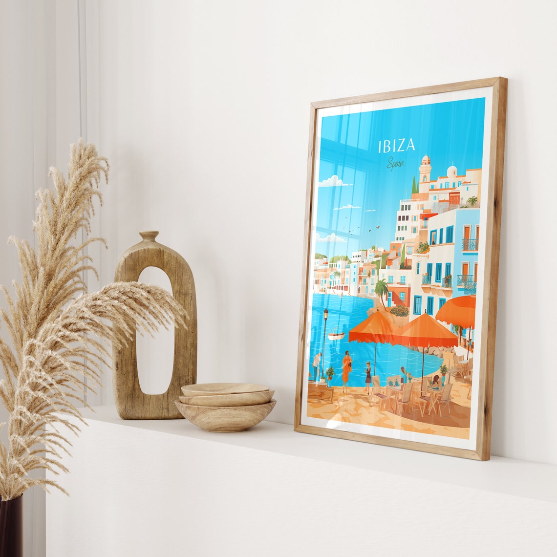 Ibiza Spain Harbor Cafes Orange Umbrellas Seaside Town Poster - Image 2