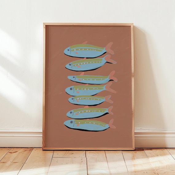 Sardines Illustration Playful Blue Fish Vintage Kitchen Wall Poster