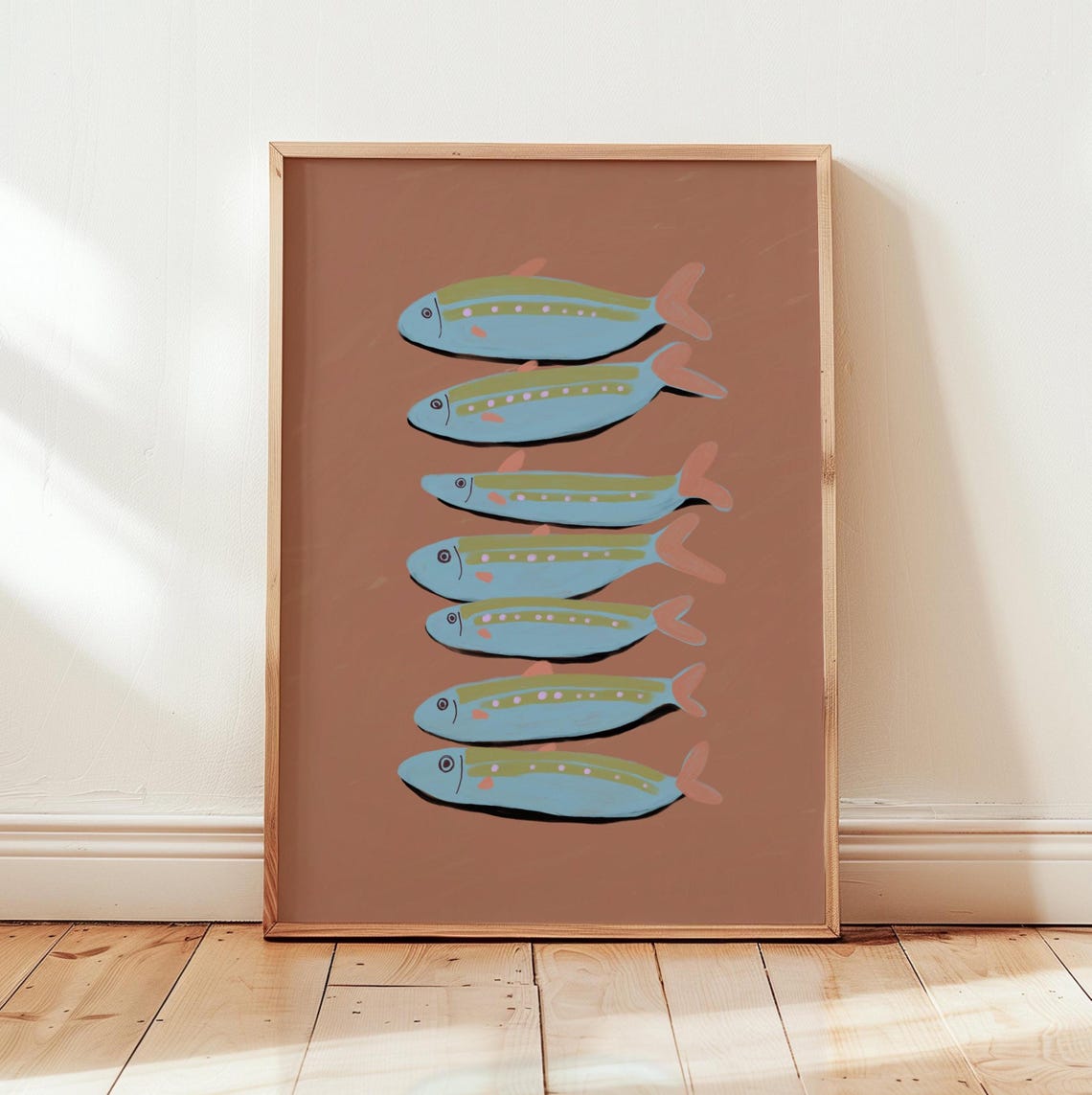 Sardines Illustration Playful Blue Fish Vintage Kitchen Wall Poster