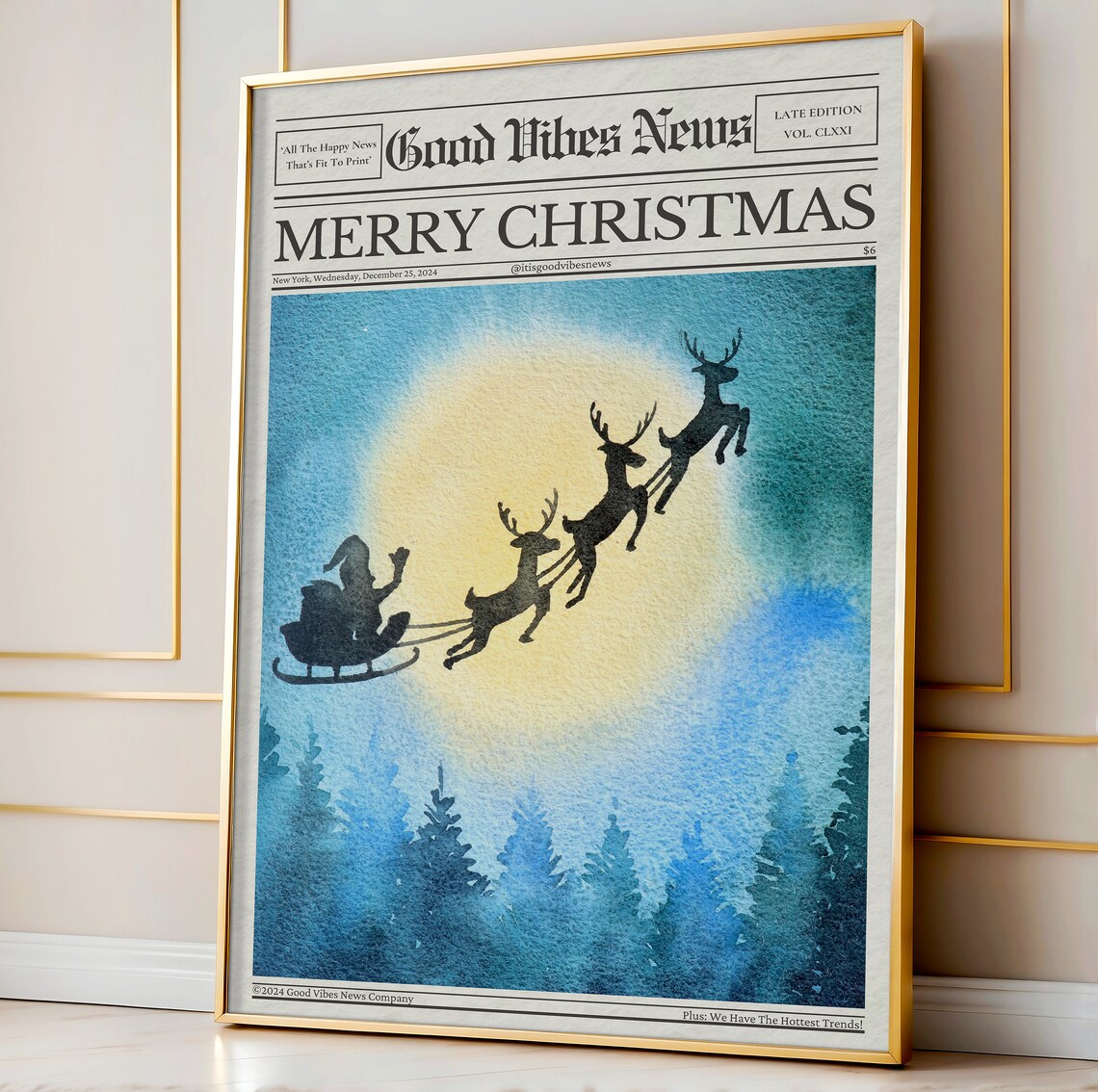 Merry Christmas Newspaper Poster Santa Sleigh Golden Moon Watercolor Art - Image 3