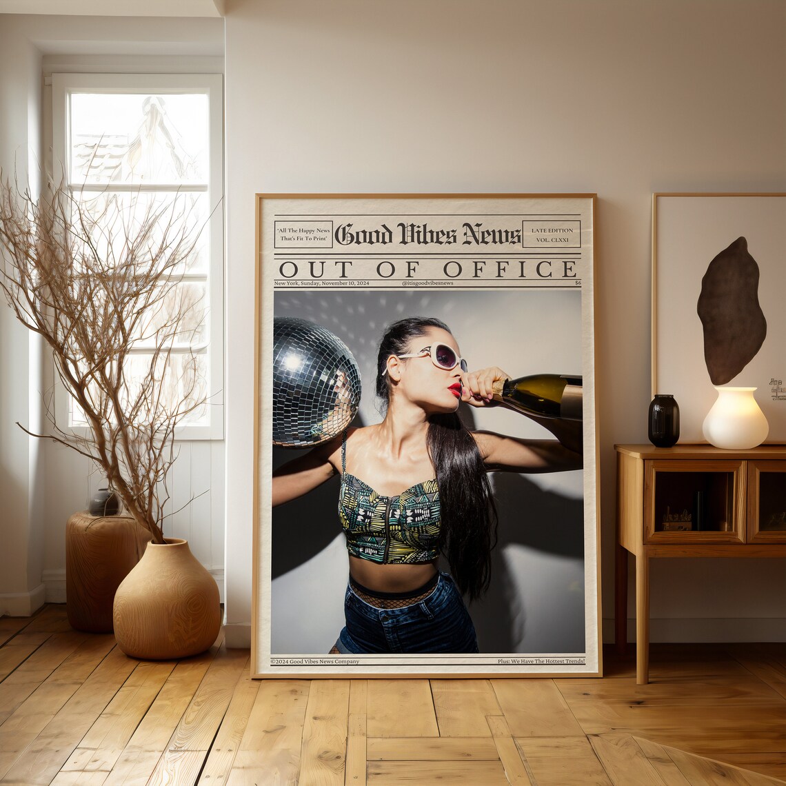 Out Of Office Wall Art Trendy Newspaper Print Champagne Disco Ball Poster Good Vibes News Art Bar Cart Art - Image 2