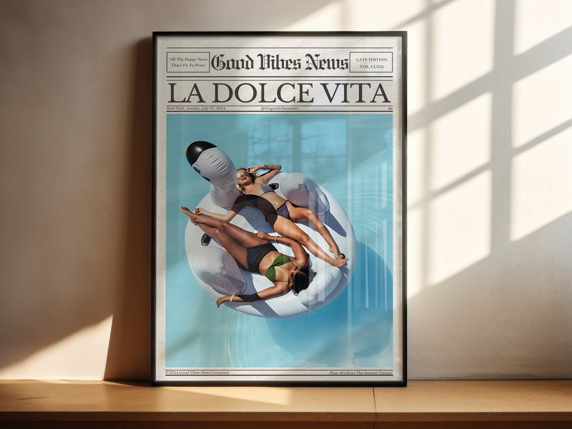 La Dolce Vita Pool Float Newspaper Style Summer Photo Poster - Image 2